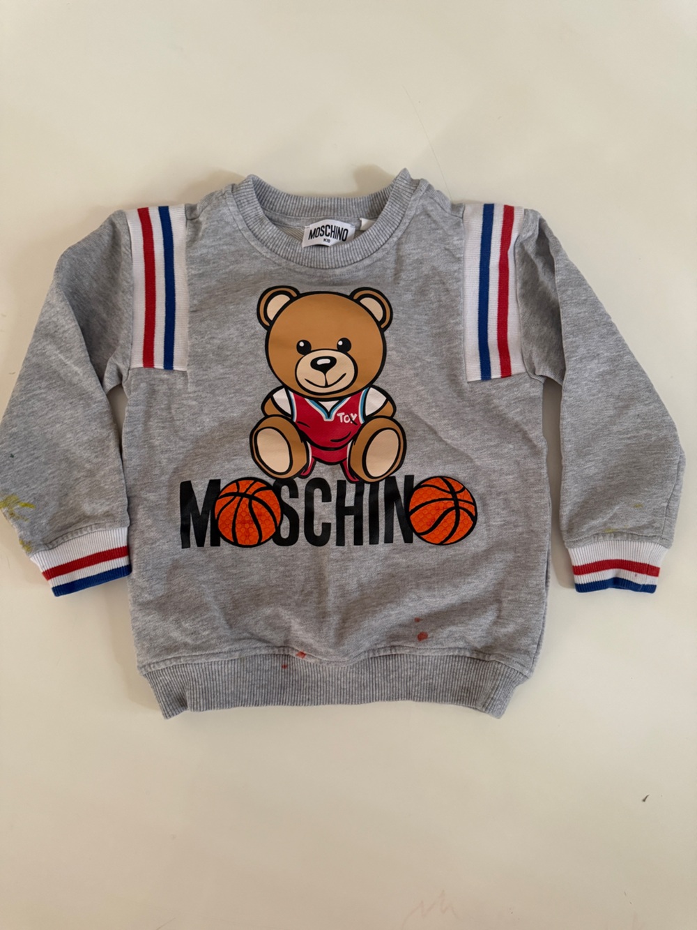 Moschino Kids Grey Teddy Bear Basketball Pullover with Red & Blue Trim